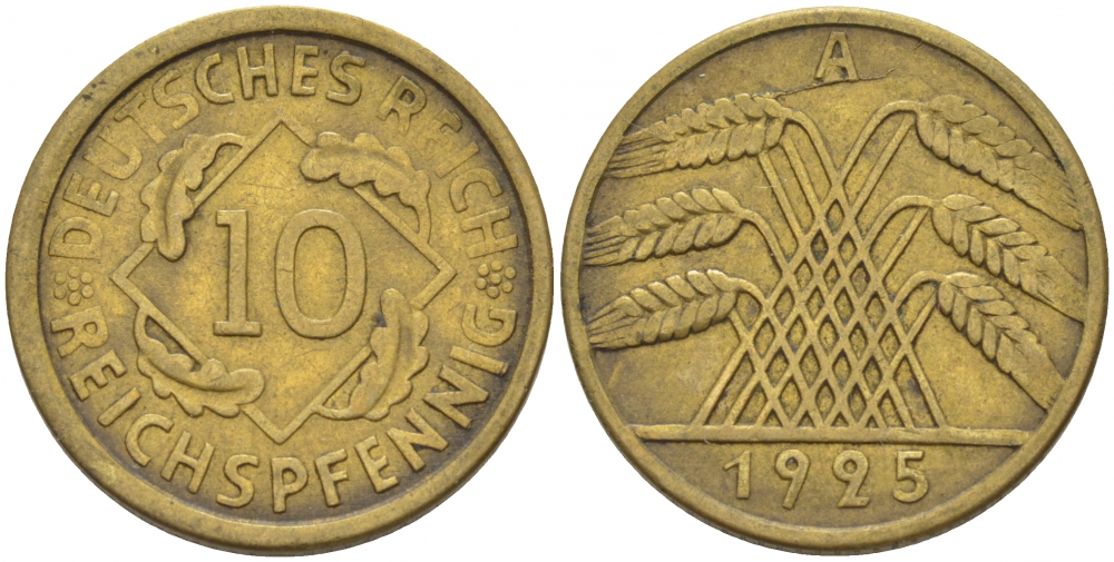 ГЕРМАНИЯ 10 РЕЙХСПФЕННИГОВ 1925 A KM 40, J.317 алюминиевая бронза 110-246