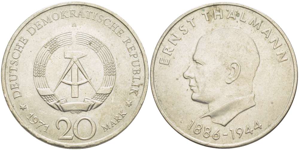 ГДР 20 марок 1971 A, 85 лет со дня рождения Эрнста Тельмана KM 34, J. 1535 медно-никель 4521-334