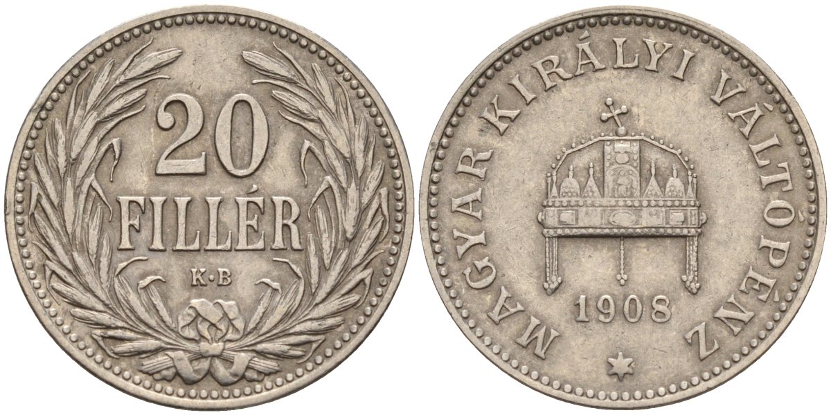 Венгрия 20 филлеров 1908 KB, Франц Иосиф I (1848-1916), редкий год KM 483 железо 4141-412