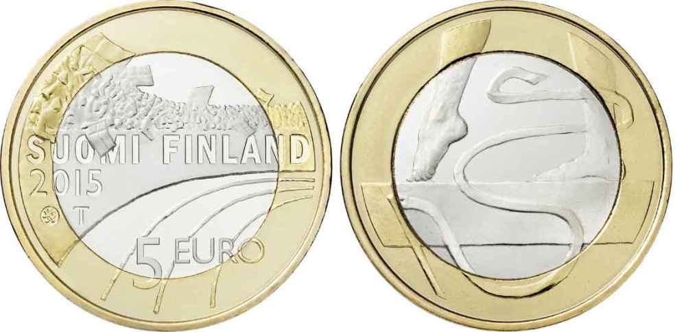 Финляндия 5 евро 2015 спорт, который любят финны, гимнастика KM 236 биметалл UNC M44-8