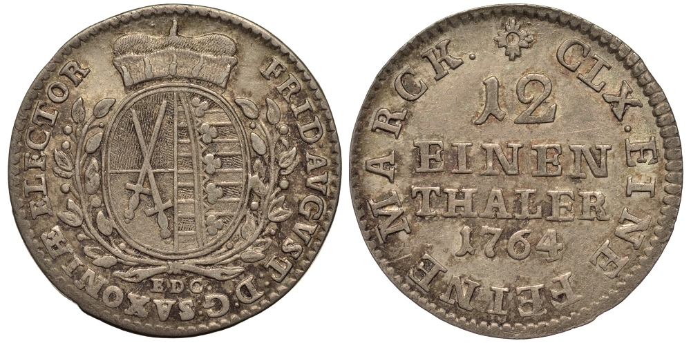 Саксония, Альбертинская линия 1/12 талера 1764 E.D.C. Фридрих Август III (1763-1806), из коллекции Gerhart Rother KM 956 (C 100), Buck 103, Slg. Merseburger 2009 серебро 413-6344