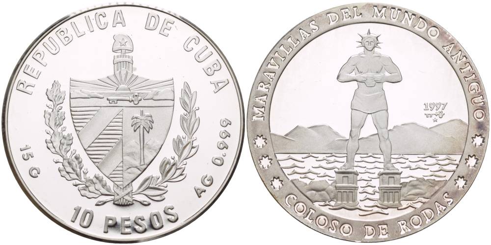 Куба 10 песо 1997 серия семь чудес света, колосс Родосский KM 596 серебро  PROOF  05-086-41