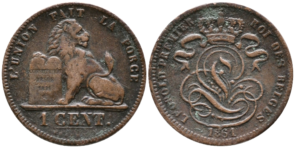 БЕЛЬГИЯ 1 САНТИМ 1861 KM 1.2 медь 100-456