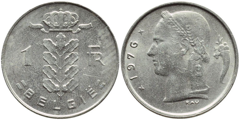 Бельгия 1 франк 1976 Belgie, Бодуэн I (1951-1993) KM 143.1 медно-никель 4379-236