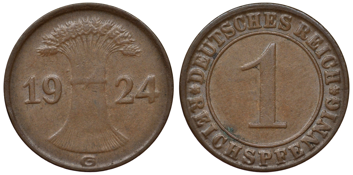 Германия 1 рейхспфенниг 1924 G KM 37, J. 313 бронза 4124-112