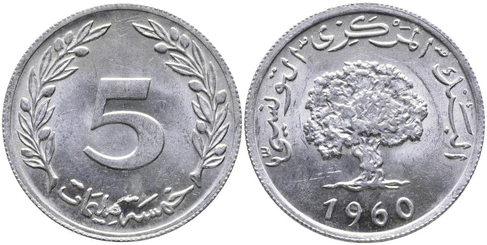 ТУНИС 5 МИЛЛИМОВ 1960 ДУБОВОЕ ДЕРЕВО KM 282 алюминий 3336-825