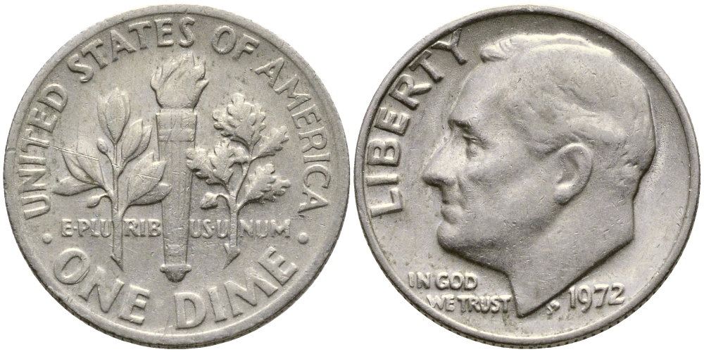 США 10 ЦЕНТОВ = 1 ДАЙМ 1972 РУЗВЕЛЬТ KM 195а медь плакированная медно-никелем 51-5057