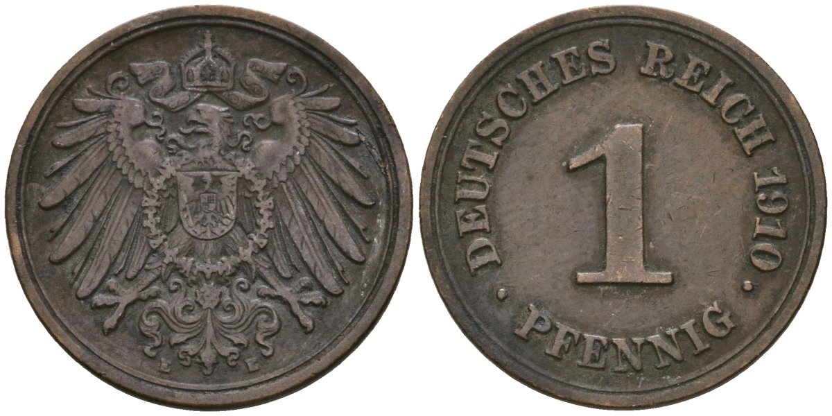 Германия 1 пфенниг 1910 E, Вильгельм II (1888-1918) KM 10, J. 10 медь 4608-163