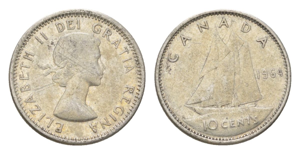 Канада 10 центов 1964 Елизавета II (1952-2022), парусник KM 51 серебро 4623-938