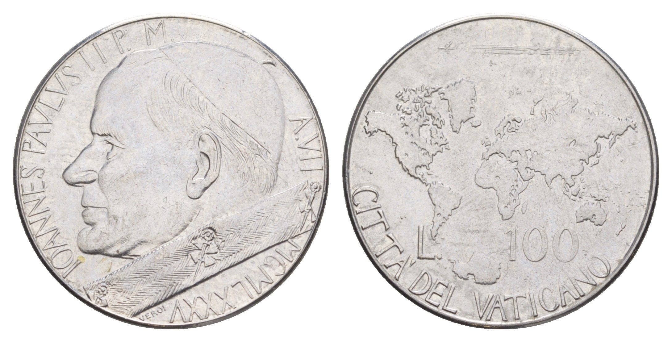 Ватикан 100 лир 1985 MCMLXXXV, Иоанн Павел II KM 188 нержавеющая сталь aUNC 4648-143