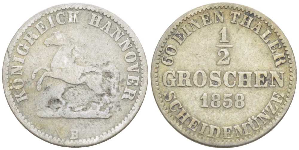 ГАННОВЕР 1/2 ГРОША 1858 В, ГЕОРГ V (1851-1866) KM 235, Jaeger 92, AKS 151 серебро 206-323
