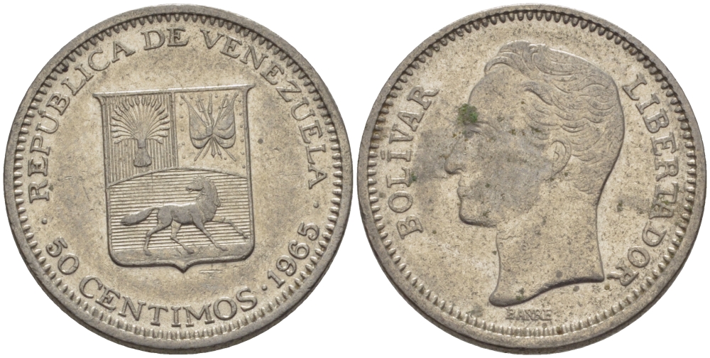Венесуэла 50 сентимо 1965 Симон Боливар KM 41, Schon 51 никель 31-514