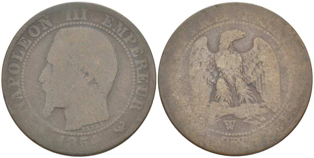 ФРАНЦИЯ 5 САНТИМОВ 1854 W, НАПОЛЕОН III (1852-1870) KM 777.7, LE FRANC 116.15 бронза 217-155