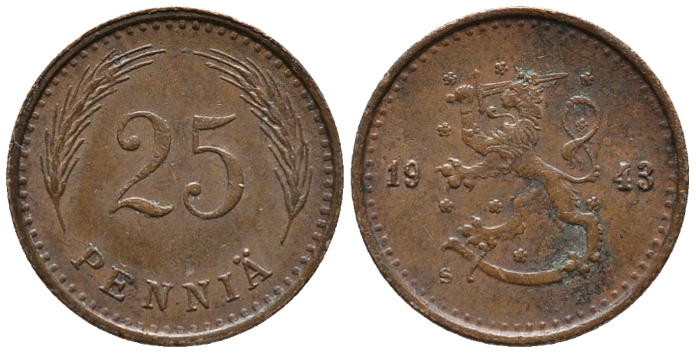 ФИНЛЯНДИЯ 25 ПЕННИ 1943 KM 25а медь 99-865