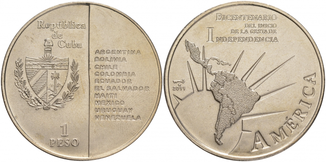 Куба 1 песо 2011 200 лет независимости Южной Америки KM 955 медно-никель UNC 00-00