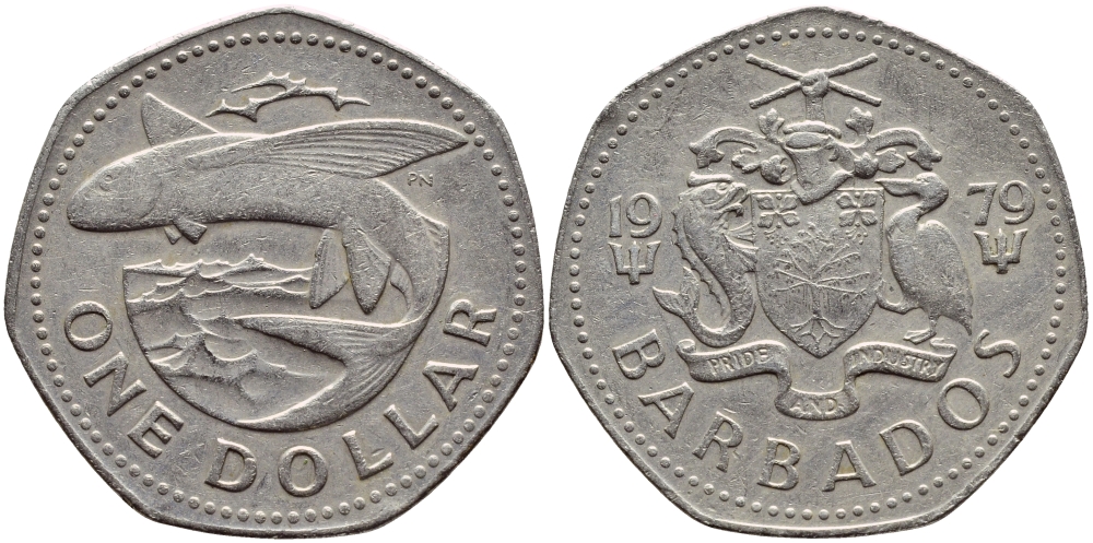 Барбадос 1 доллар 1979 летучая рыба KM 14.1 медно-никель 4398-245