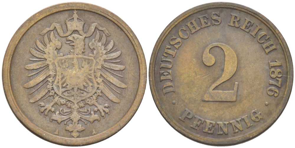 ГЕРМАНИЯ 2 ПФЕННИГА 1876 A, СТАРОГЕРБОВКА KM 2, J. 2, Weege 3 медь 212-626