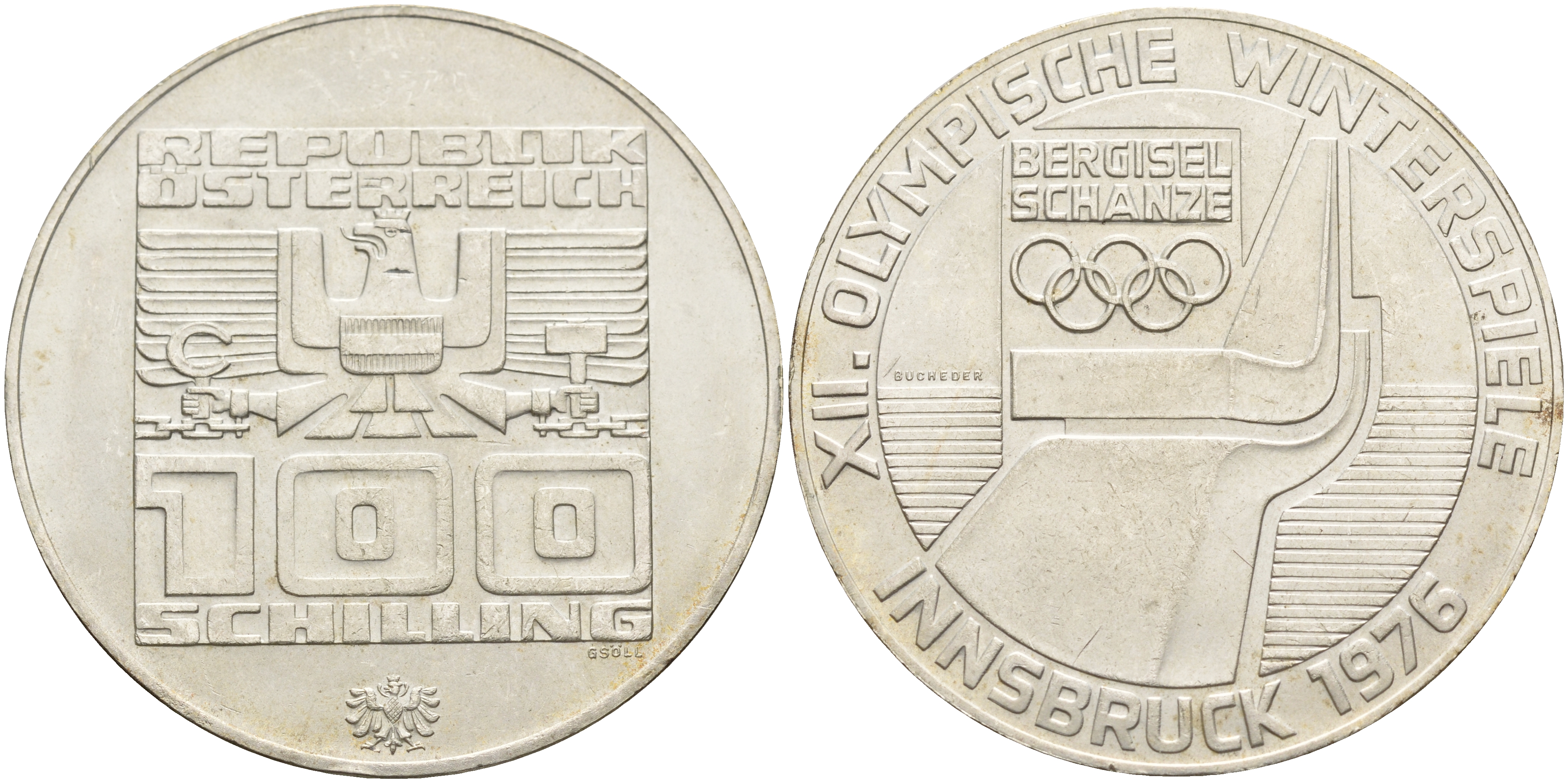 Австрия 100 шиллингов 1974 XII зимние Олимпийские игры в Инсбруке, лыжный трамплин KM 2929 серебро 4368-512