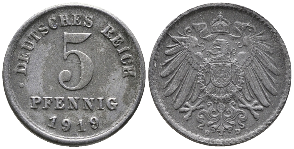 ГЕРМАНИЯ 5 ПФЕННИГОВ 1919 D KM 19, J. 297 железо 39-259