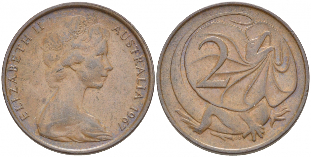 АВСТРАЛИЯ 2 ЦЕНТА 1967 ЕЛИЗАВЕТА II, МОЛОДОЙ ПОРТРЕТ, ПЛАЩЕНОСНАЯ ЯЩЕРИЦА (FRILLED LIZARD) KM 63 бронза 3457-623