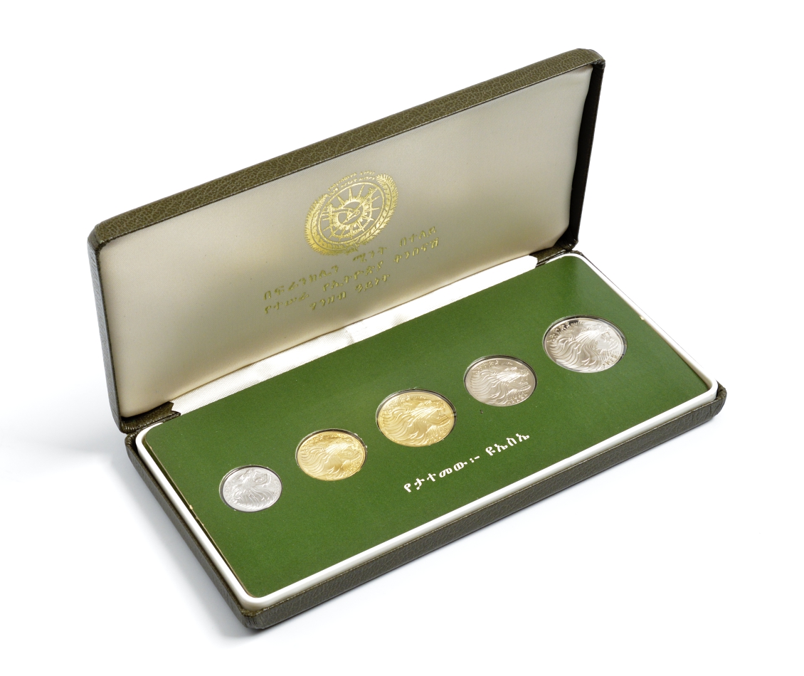 Эфиопия набор из 5 монет 1977 в запайке в оригинальной коробке, с сертификатом KM PS 7, KM (43.2-47.2) PROOF 2-6-3-07