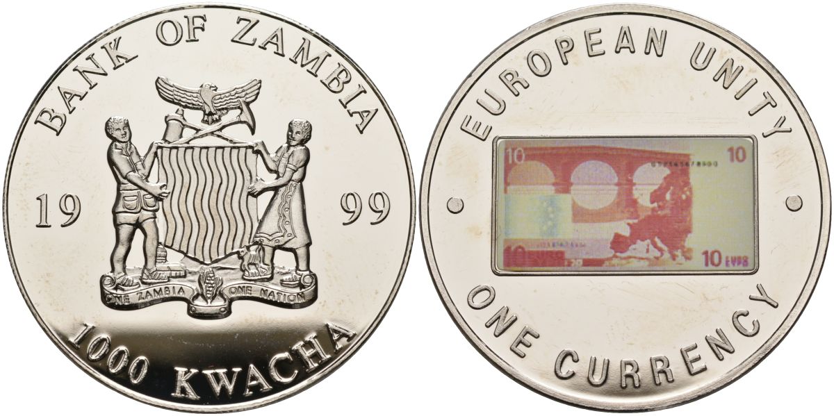 Замбия 1000 квача 1999 серия европейский союз - одна валюта, 10 евро реверс, серебрение KM 123 медь никель цинк 1098-3-34