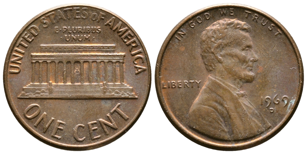 США 1 ЦЕНТ 1969 D, ЛИНКОЛЬН KM 201 медь цинк 93-1245