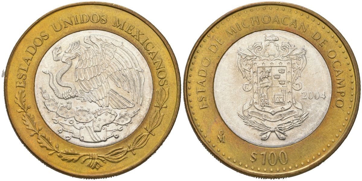 Мексика 100 песо 2004 180 лет Федерации - Мичоакан KM 804 биметалл, серебро BU 00-1067-8-32