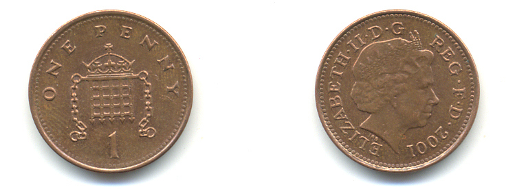 Великобритания 1 пенни 2001 Елизавета II (1952-2022) KM 986, Spink 4710 (B5) сталь плакированная медью 177-551