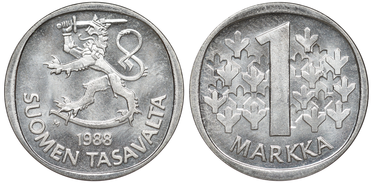 Финляндия 1 марка 1988 M KM 49а медно-никель UNC 259-446