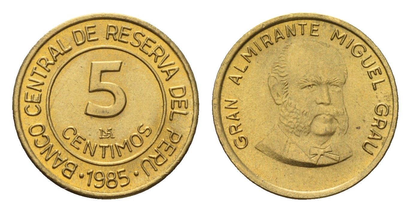 Перу 5 сентимо 1985 год-тип KM 292 латунь UNC 4614-1261