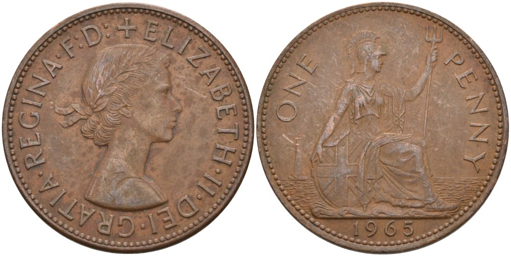 Великобритания 1 пенни 1965 Елизавета II (1952-2022) КМ 897, Spink 4157 бронза 4574-234
