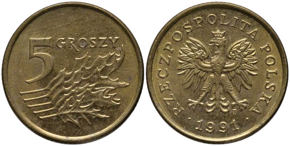 ПОЛЬША 5 ГРОШЕЙ 1991 MW KM 278 латунь 201-423