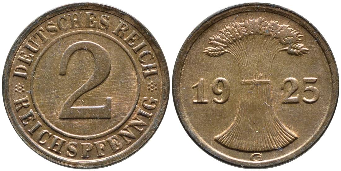 Германия 2 рейхспфеннига 1925 G, Веймарская Республика (1919-1933) KM 38, Jager 314, Weege 4 бронза  aUNC  4546-843