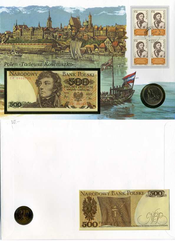 Польша набор в конверте 500 злотых и 10 злотых 1970, 1982 монета, банкнота и марки с изображением Тадеуша Костюшко Pick 145d  бумага  UNC (пресс) 435-11-1-1