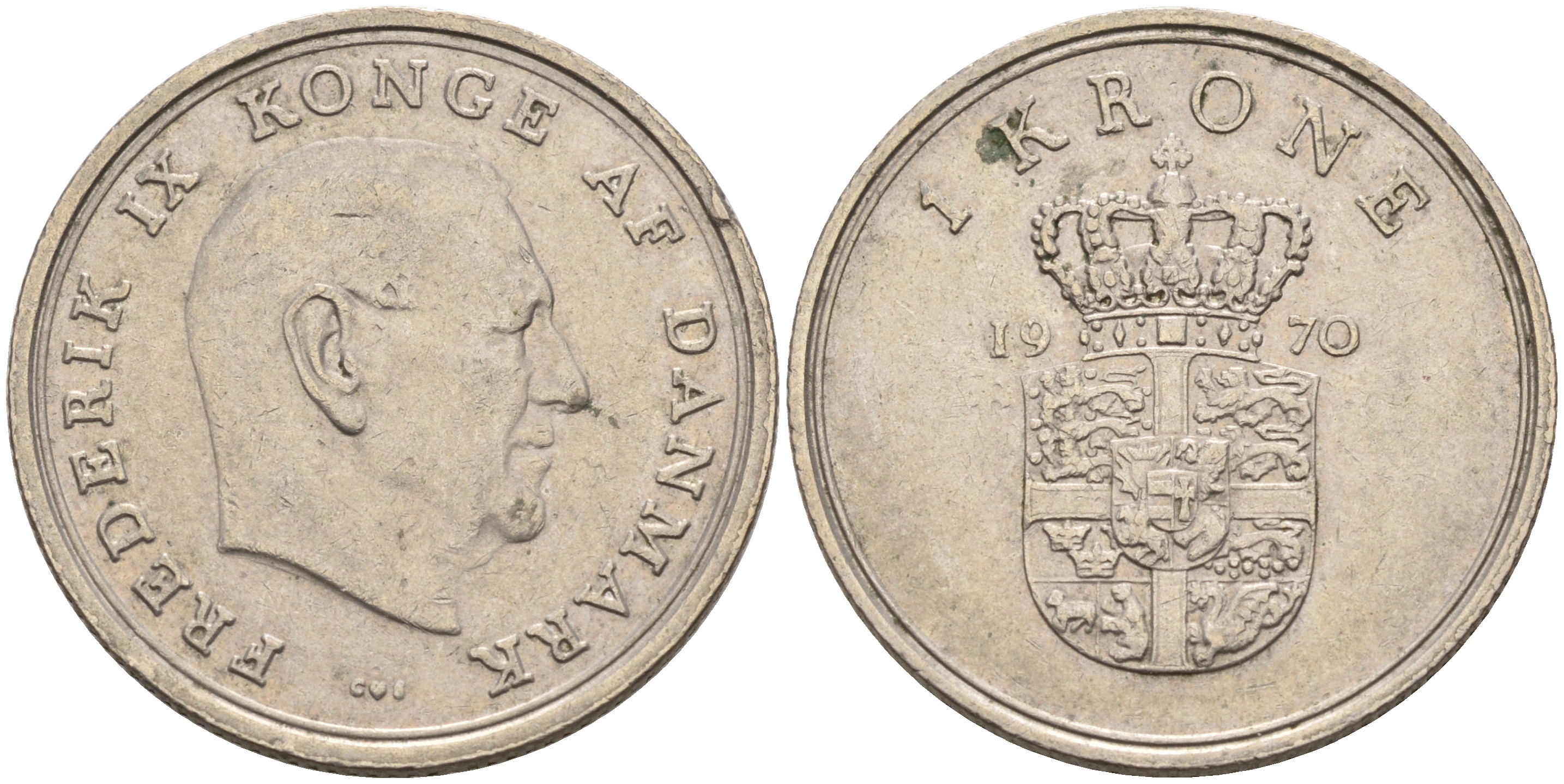 ДАНИЯ 1 КРОНА 1970 C; S, ФРЕДЕРИК IX (1947-1972) KM 851.1 медно-никель 4566-547