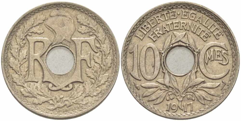 ФРАНЦИЯ 10 САНТИМОВ 1917 ТИП ЛИНДАЙЁ KM 866а, LE FRANC 138.1 медно-никель 108-117