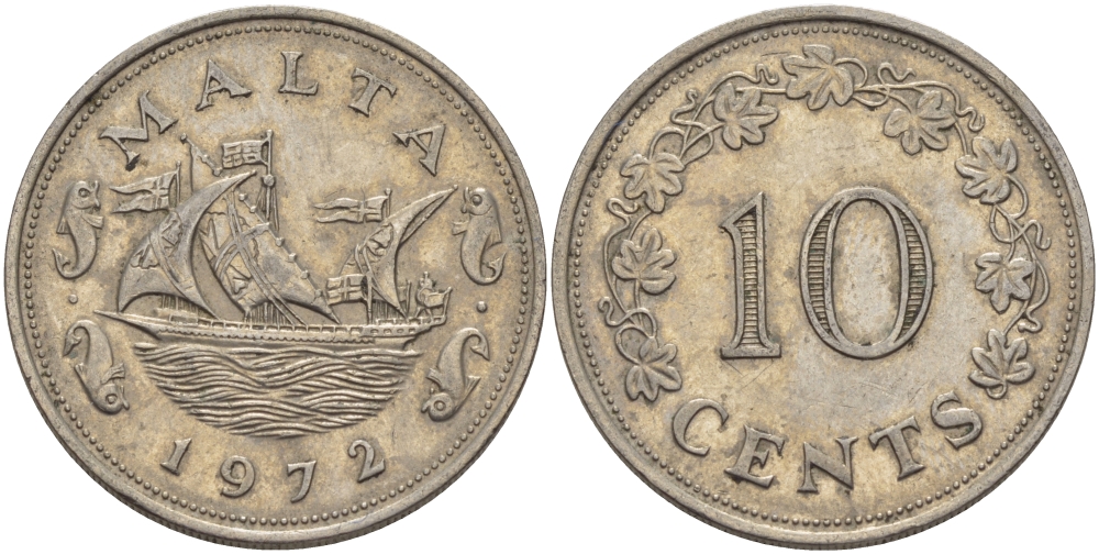 Мальта 10 центов 1972 баржа Великого магистра KM 11 медно-никель 82-431