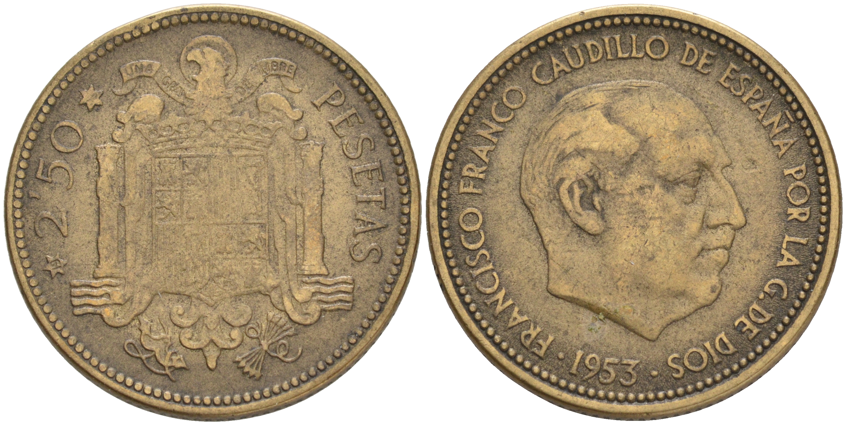 ИСПАНИЯ 2 1/2 ПЕСЕТЫ 1953 (56) ФРАНСИСКО ФРАНКО ДИКТАТОР ИСПАНИИ (1939-1975) KM 785 алюминиевая бронза 4561-815