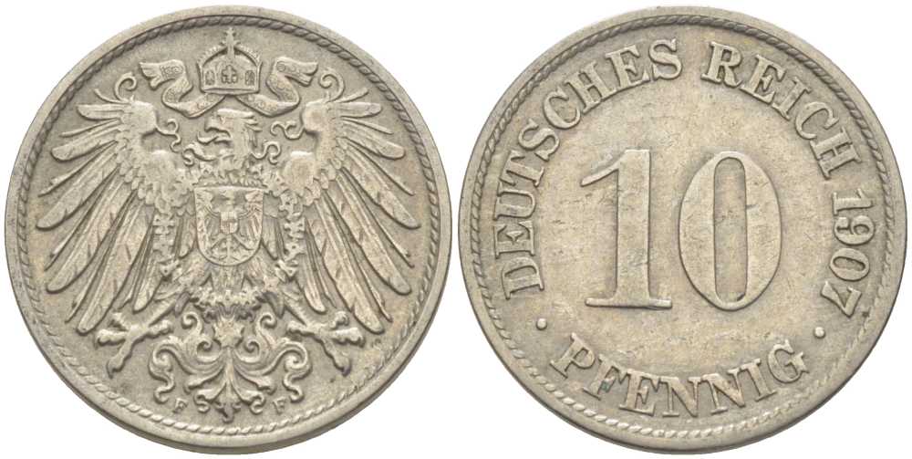 Германия 10 пфеннигов 1907 F KM 12, J. 13, Weege 8 медно-никель 210-647