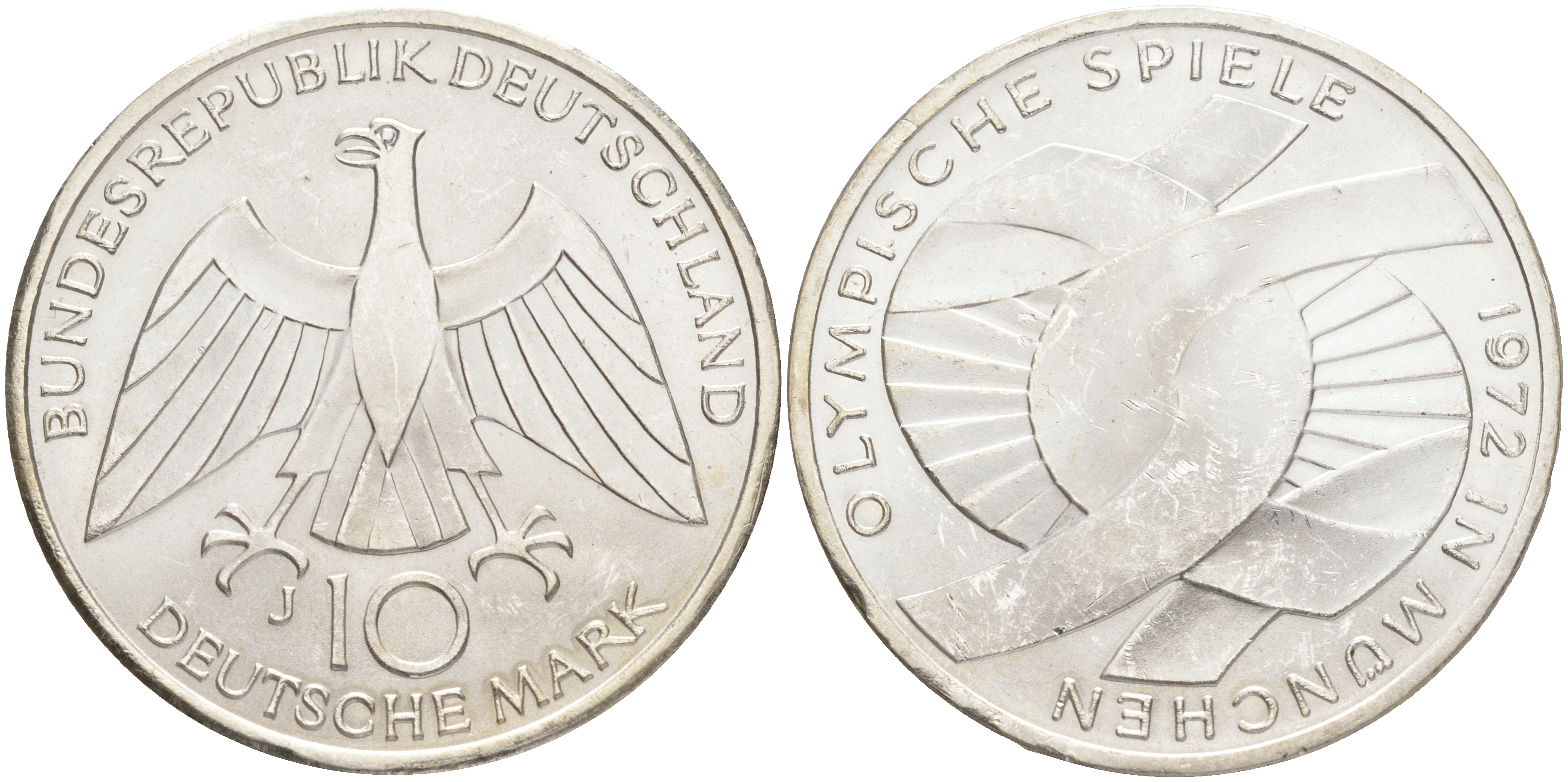 ФРГ 10 марок 1972 J, XX летние Олимпийские игры 1972 года в Мюнхене, символика KM 131, J.402 серебро UNC 107-1222