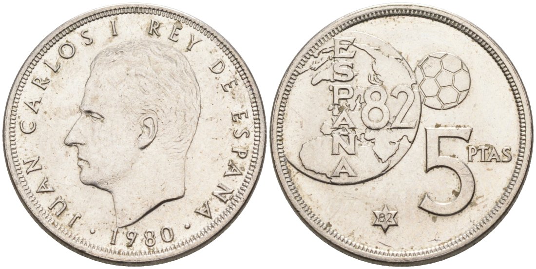 Испания 5 песет 1980 (82) чемпионат мира по футболу в Испании KM 817 медно-никель 4573-936