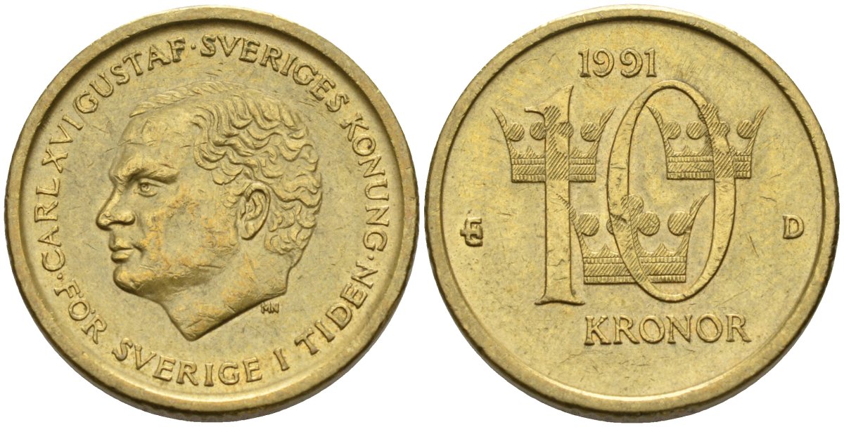 Швеция 10 крон 1991 D, Карл XVI Густав (1973- ) KM 877 медь алюминий цинк 4592-141