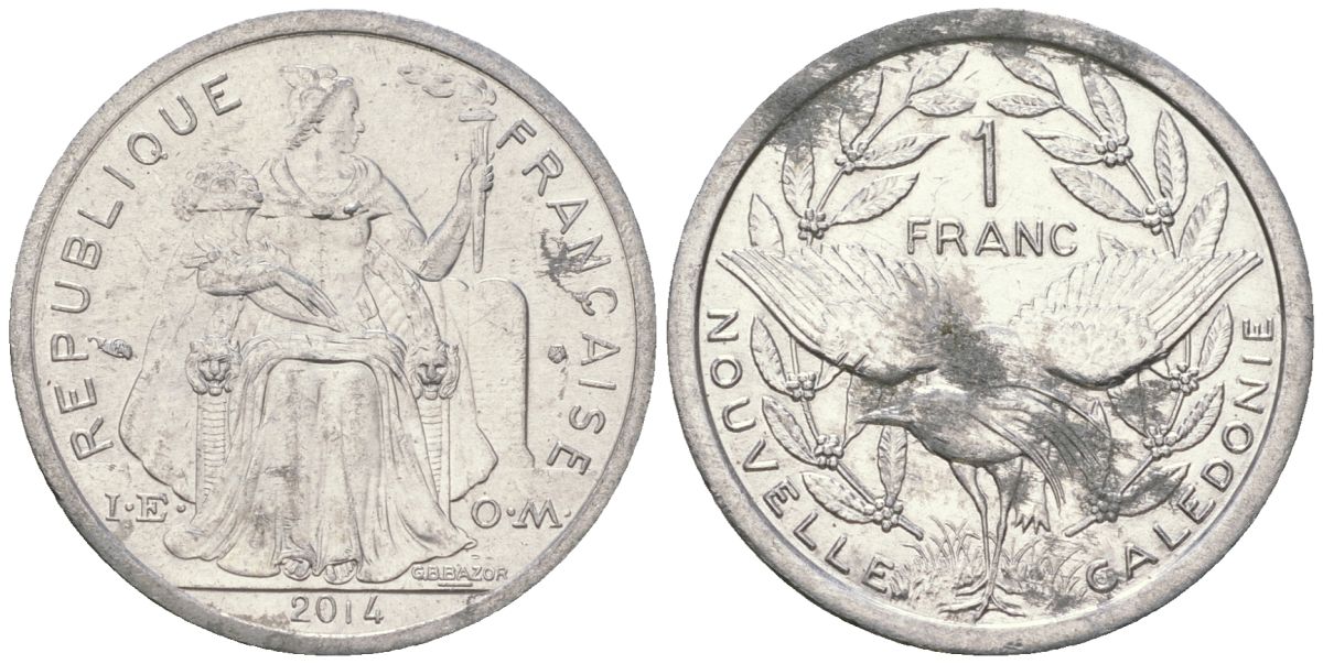 Французская Новая Каледония 1 франк 2014 птица кагу, (IEOM) KM 10, Schoen 10 алюминий 33-225