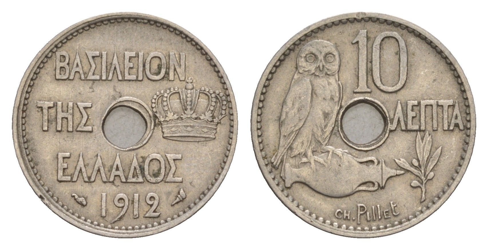 Греция 10 лепт 1912 Георг I (1863-1913), сова KM 63 никель 4655-357