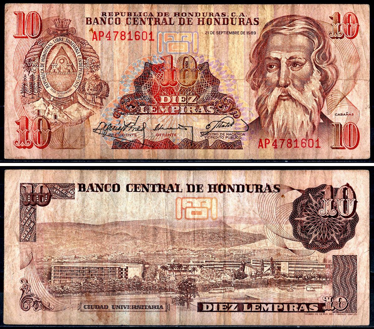 Гондурас 10 Лемпира 1989 Pick 70a бумага 3295-106-3-1