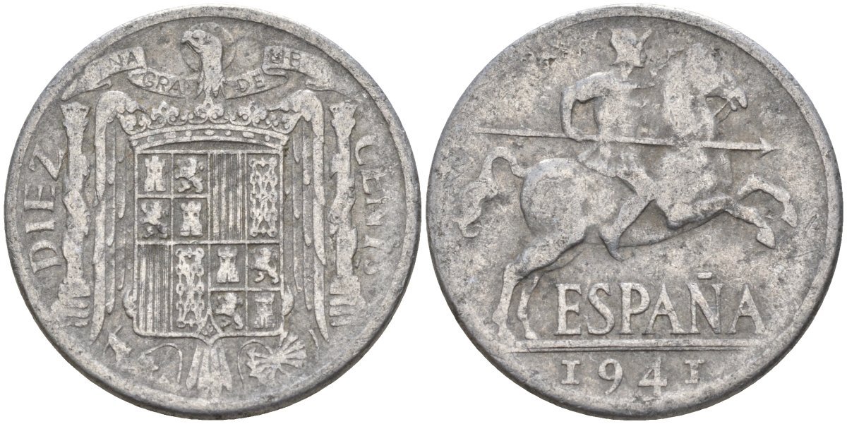 Испания 10 сентимо 1941 Франсиско Франко (1939 - 1975) KM 766 алюминий 4155-222