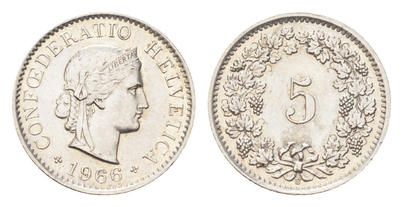 Швейцария 5 раппенов 1966 B KM 26 медно-никель 4705-1256