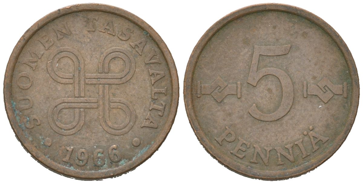 Финляндия 5 пенни 1966 KM 45 медь 4618-221