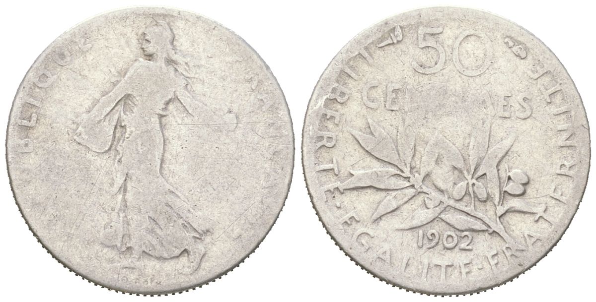 Франция 50 сантимов 1902 KM 854 серебро 4617-752